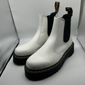 Dr Martens Boots Women 9 White Leather 2976 Quad Chelsea Platform Lug Sole Shoes